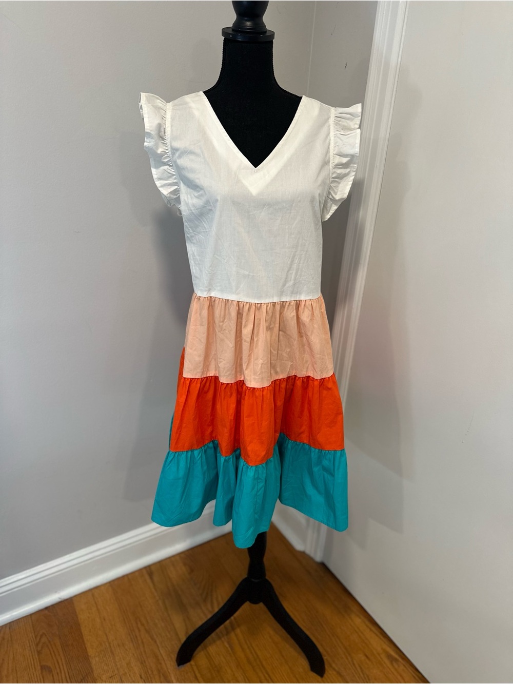 Anthropologie THML Sz:S Ruffle Sleeve Tiered Colorblock Teal Orange Peach Dress.